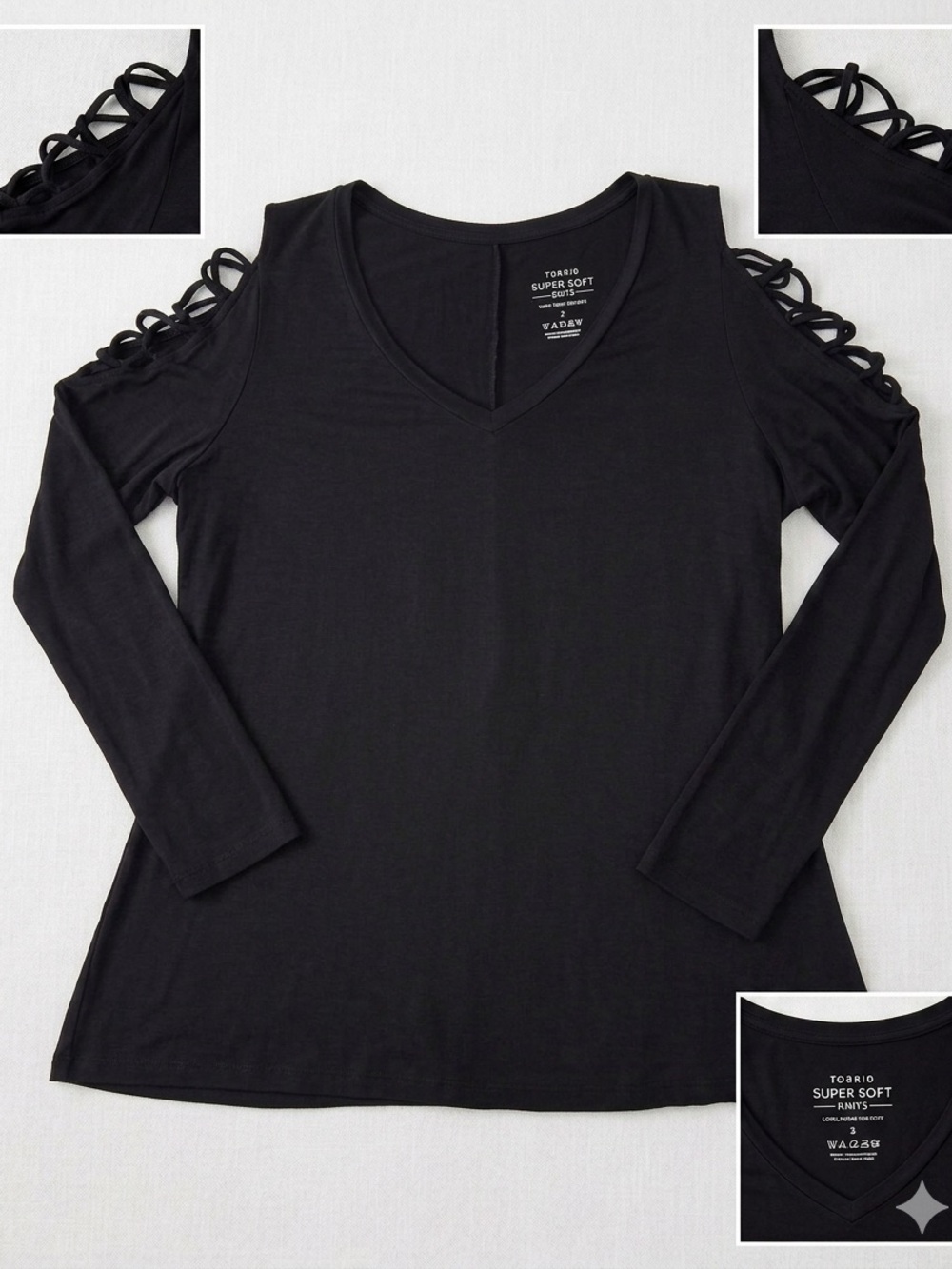 Torrid 2017 Super Soft Black Lattice Cold Shoulder V-Neck Top Size 2